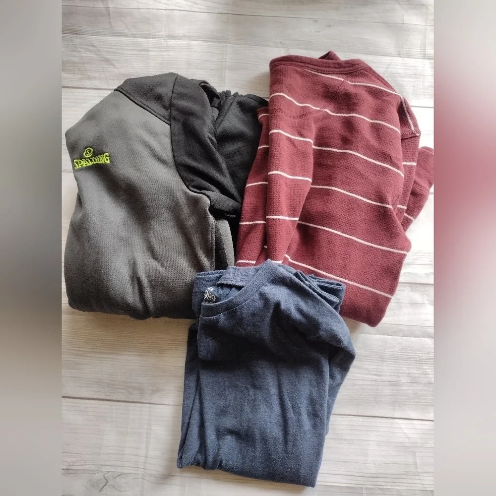 Boys 3pc Bundle Spalding Zip Hoodie Thermal Striped Shirt Navy Tee Size XL 14‎